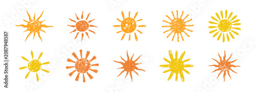 Sun circle with scribble crayon textures and sketchy brush lines. Set childlike pencil drawing. Playful scribbles and cheerful painted textures for creative designs. 