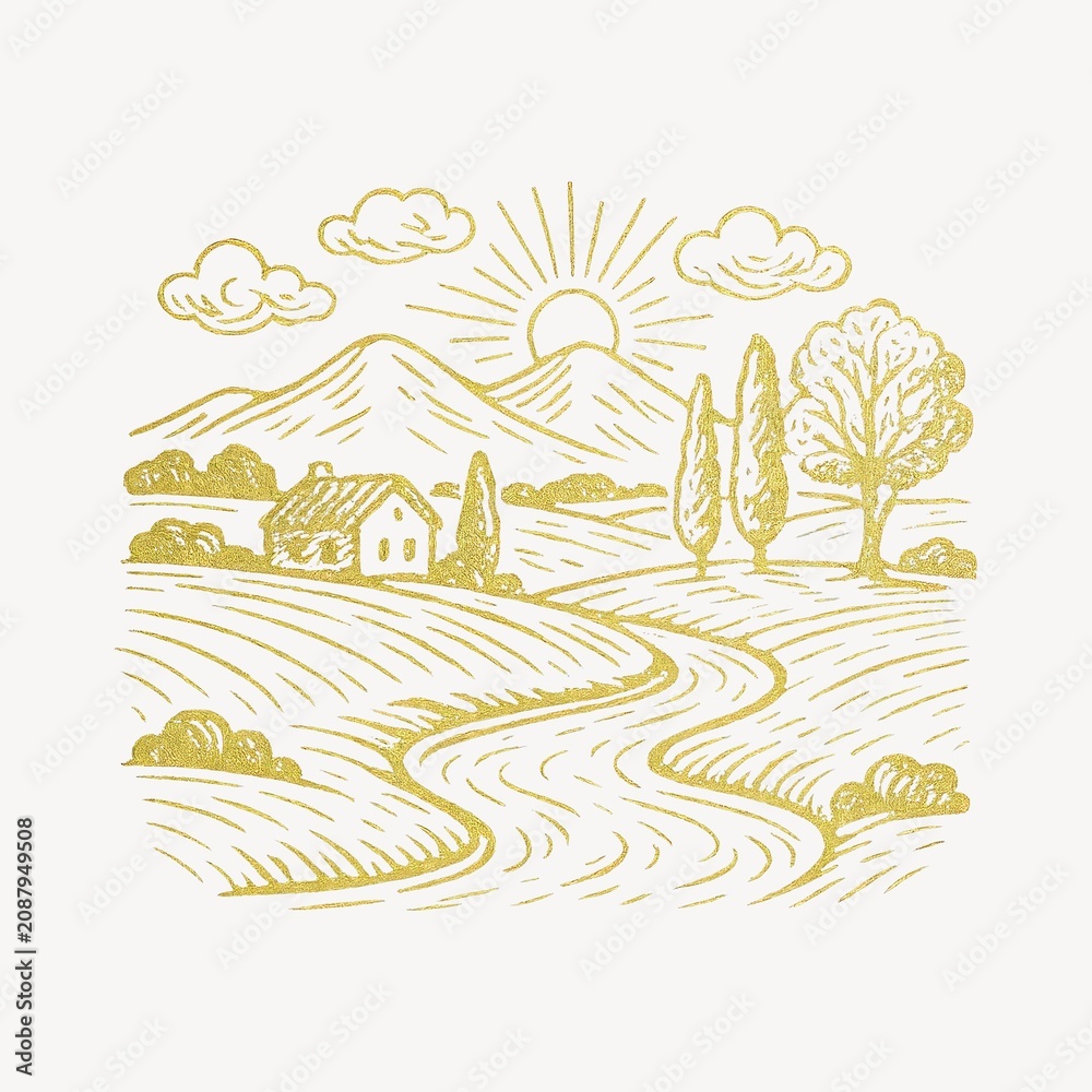 Naklejka premium Rustic countryside landscape illustration