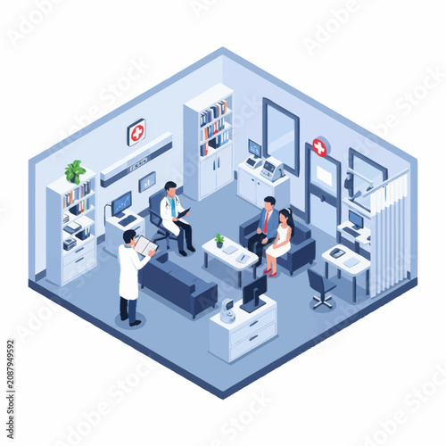 Modern hospital reception area with doctors and patients.