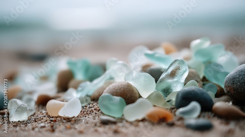 A close-up view of smooth sea glass and pebbles scattered on beach sand. The pastel aqua and white glass pieces create a serene, coastal vibe.