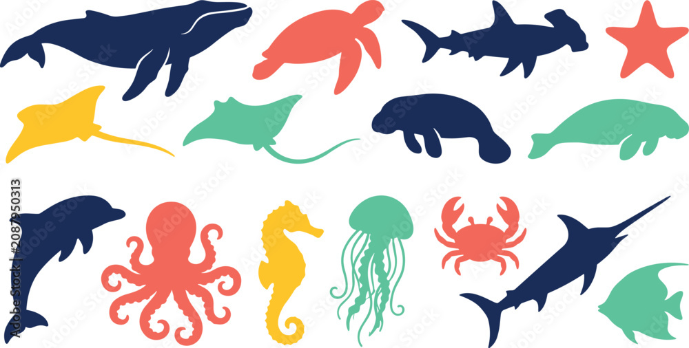 Obraz premium Marine Sea Animal Silhouette Collection Featuring Whale Shark Dolphin Turtle Octopus Jellyfish Seahorse and Ocean Wildlife Vector Illustration Set