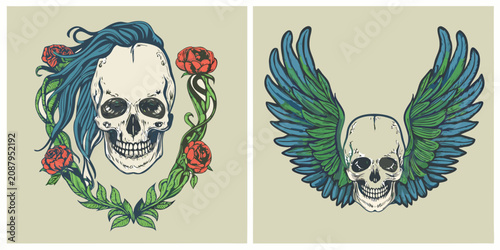 Tableau sur toile skulls with floral and wing designs vector