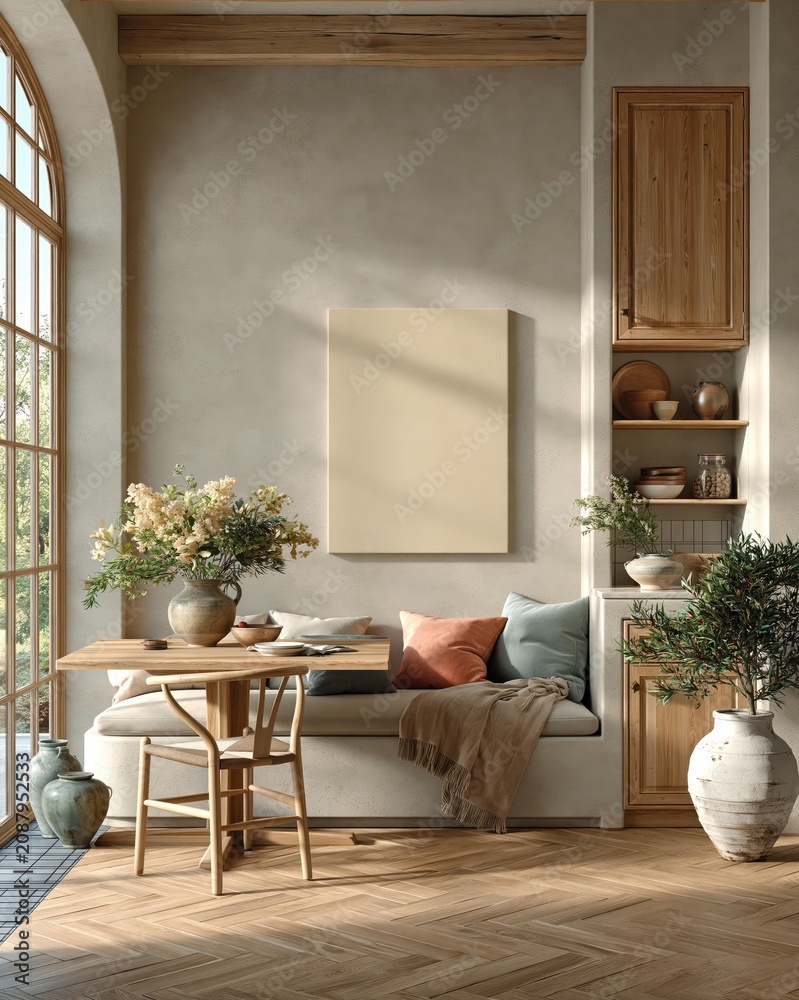 Fototapeta premium Blank vertical canvas mockup in cozy Mediterranean style dining room, rustic wooden furniture, warm sunlight, soft textiles and indoor plants, 3d render interior design for art display and branding