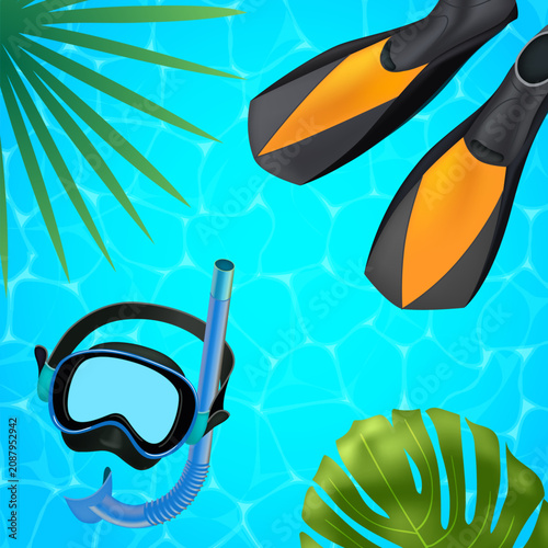 Clear blue water holds snorkel gear and fins. Tropical leaves frame the aquatic scene. Equipment rests peacefully in sunlit pool. Ideal for vacation or ocean adventure themes