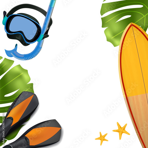 Blue snorkel and mask beside vibrant green leaves. Orange flippers rest near surfboard with starfish nearby. Sunlit beach vibe invites water fun and relaxation. Ideal for vacation, travel