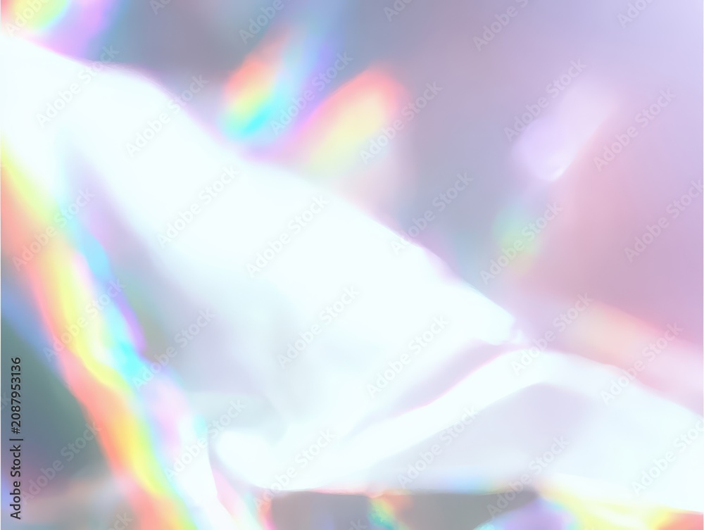 Obraz premium Abstract holographic iridescent background with soft light leaks. Dreamy pastel rainbow texture with light refraction effect for modern branding, digital art, social media