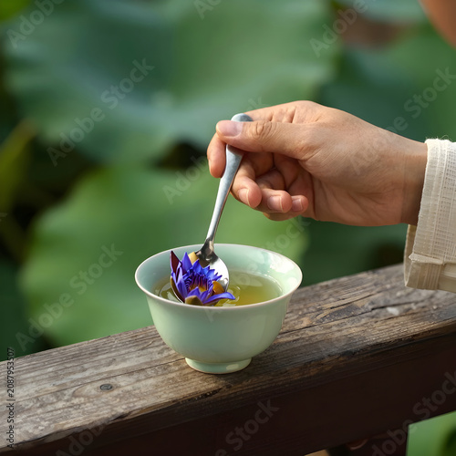 Loosely framed close-up of a silver spoon stirring vibrant adaptogenic blue lotus tea in a pale mint cup.