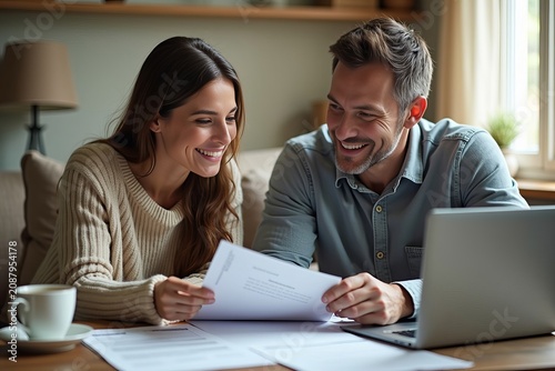 Intimate Living Room Setting: Couple Engaged in a Discussion Over Important Insurance Policies, Surrounded by Documents, Laptops, and a Cup of Tea.