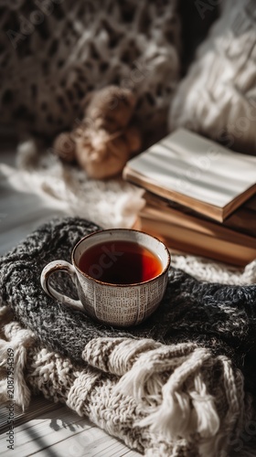 A teacup, a scarf, and a stack of blank notebooks in a cozy atmosphere.