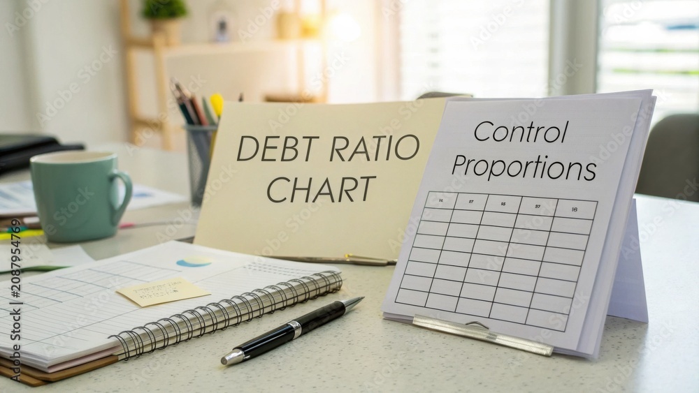 Obraz premium Financial Analysis Desk with Debt Ratio Chart and Control Proportions on Table Surrounded by Business Documents and Stationery