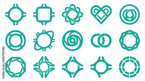 Collection of 15 teal flat vector icons featuring road roundabout symbols, traffic junction markers, abstract geometric logos, and heart shapes isolated on a white background.