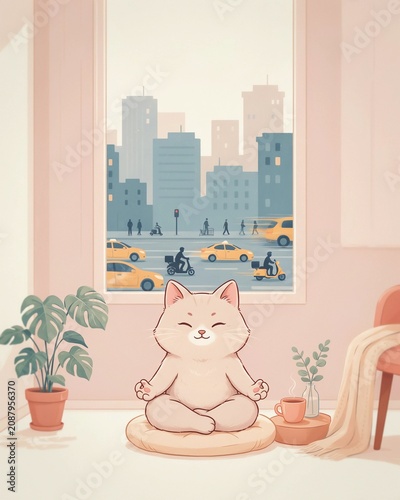 Cute white cat meditating peacefully on a cushion indoors daily