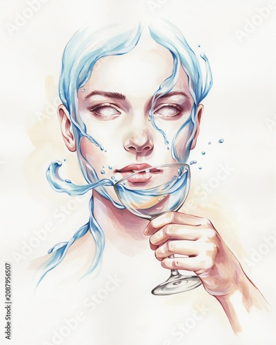 Surreal woman with flowing water hair holding a glass cup