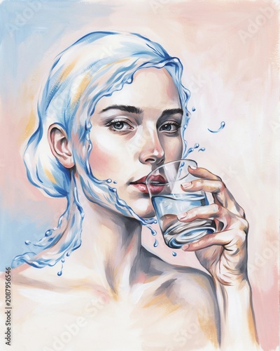 Beautiful woman holding a glass of water with flowing liquid hair