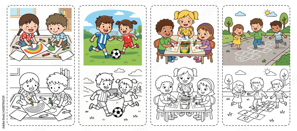 Naklejka premium Children Enjoy Coloring and Playing Games Line Art and Colorful Illustrations