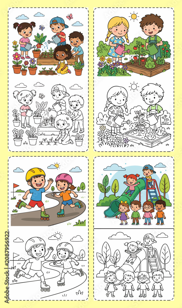 Fototapeta premium Children Gardening and Roller Skating Coloring Pages for Kids