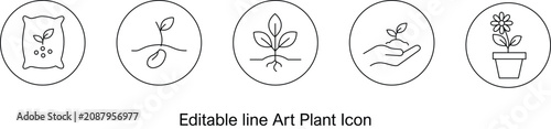 Tableau sur toile Set of five editable line icons representing seed bag, seedling, plant, hand hol