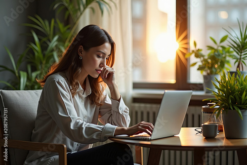 Corporate Executive Focuses on Sleep Data in Stylish Break Room Bathed in Soft Morning Light, Surrounded by Contemporary Wellness Décor