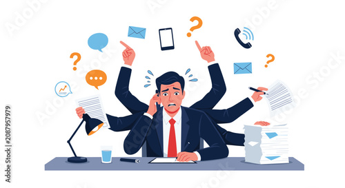 Stressed and overworked businessman multitasking with multiple arms handling phone calls, paperwork, and emails.