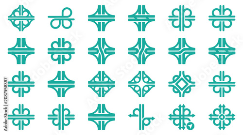 Fotografía Set of 24 teal road interchange icons and highway junction symbols on white background featuring traffic patterns, cloverleaf overpasses, and navigation mapping design elements