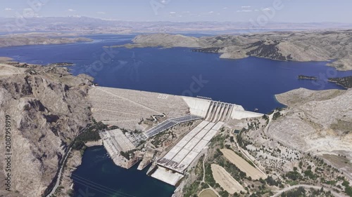 Aerial Drone View of Keban Dam and Reservoir in Elazig, Turkey Featuring Hydroelectric Power Infrastructure