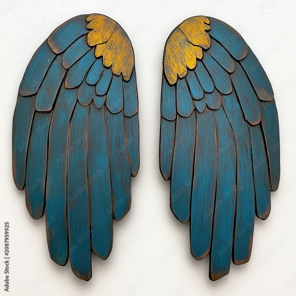 Obraz premium Rustic Teal Blue and Gold Wooden Wings Wall Art