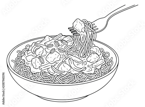 Quadro em tela Delicious spaghetti with creamy sauce and chicken, a hearty pasta meal, hand-dra