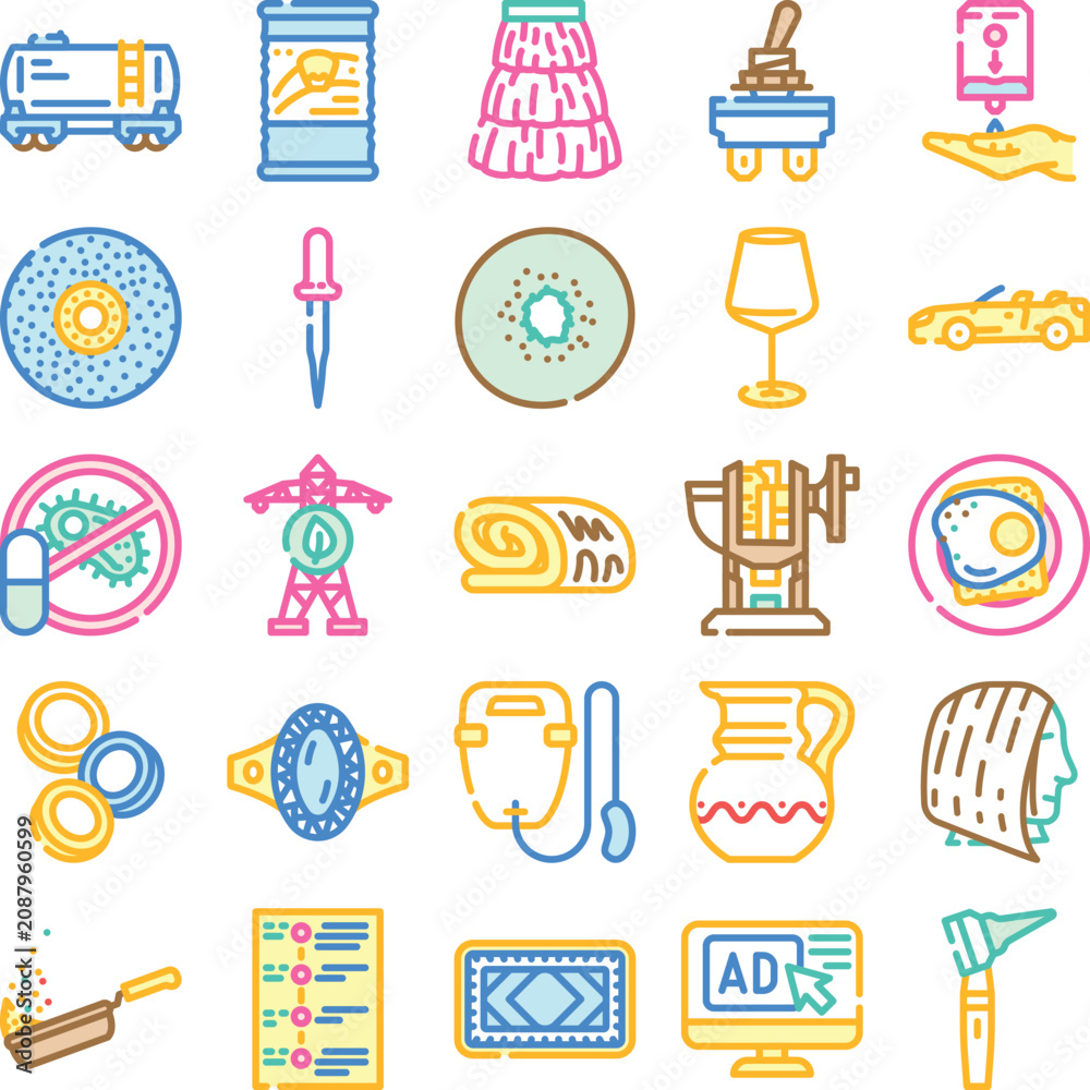 Fototapeta premium Variety of colorful outlined vector icons illustrating various objects, concepts, and activities, offering a comprehensive and diverse visual representation for multiple design projects