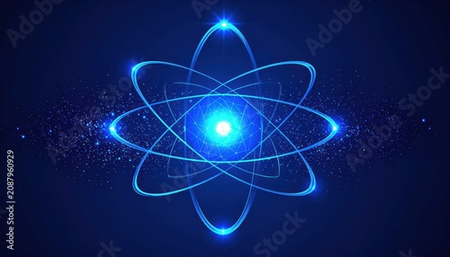 Luminous blue abstract atom model illustration with glowing electron orbits and central nucleus radiating energy in a futuristic digital art style.