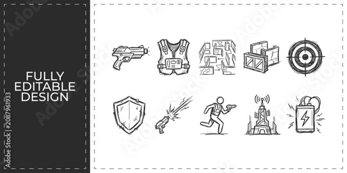 Photos Military combat and defensive gear hand drawn doodle icons set featuring target