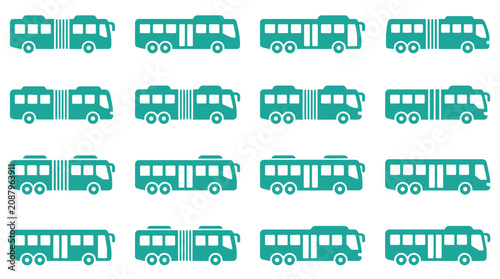 Foto Collection of teal bus icons in a grid layout featuring articulated and standard public transport silhouettes for map navigation, transit software, and urban planning