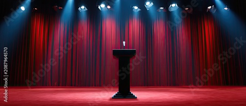 A dark podium stands on a red carpeted stage, bathed in spotlight