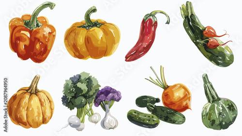 Foto Assorted Watercolor Autumn Vegetables With Pumpkins Bell Peppers Zucchini Chilie
