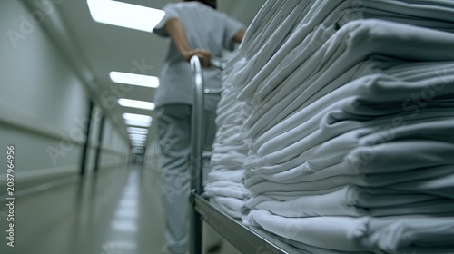 Clean white linens stacked high on a cart pushed down a hospital hallway
