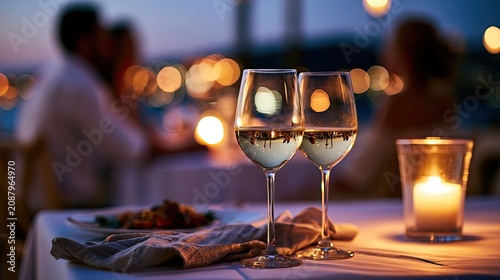 Romantic dinner for two at dusk, with wine glasses and soft candle glow