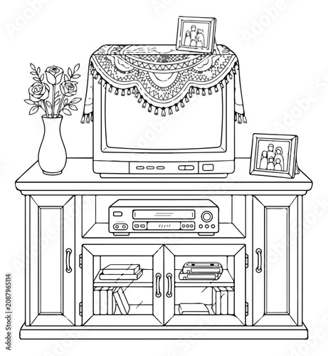 Photography Retro living room entertainment center vector illustration, vintage television s