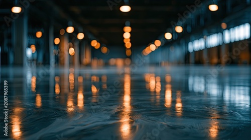 Dimly lit, reflective floor with out-of-focus overhead lights creating bokeh