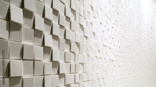 Textured white wall with repeating cubic patterns creates dynamic light and shadow
