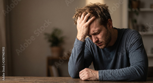 Stressed young man holding head in hands suffering from depression and anxiety sitting at table in dark room