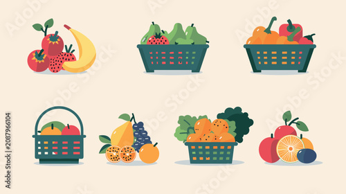 Obraz na plátně Horizontal Arrangement Of Six Colorful Flat Fruit Basket Illustrations Featuring