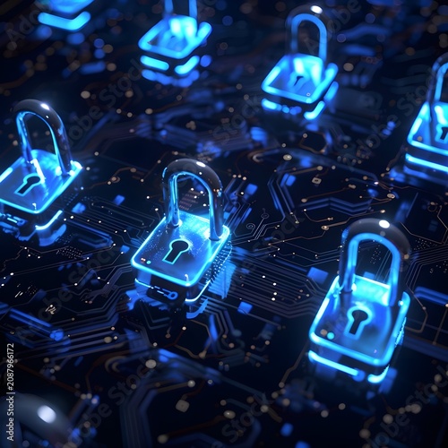 Cyber Security Padlocks Encryption Network Over Electronic Chip Server Motherboard