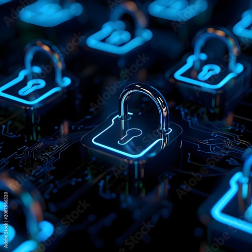 Rows Of Isometric Neon Blue Security Padlocks Protecting Data Servers