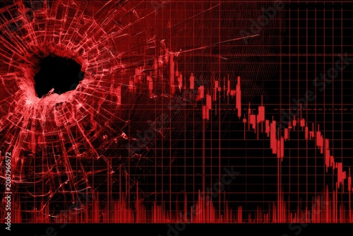 Shattered glass on a red financial graph shows a market crash