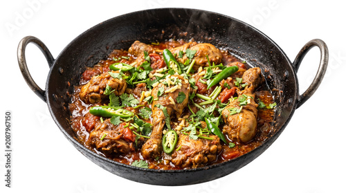 Traditional chicken karahi cooked with tomatoes, green chilies, and coriander, served in a black karahi pan, isolated on transparent background