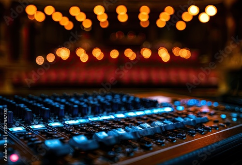 A close-up of a soundboard with glowing blue lights and a blurred background of stage lights