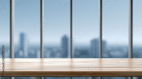 Warm wooden desk in front of blurred cityscape view through tall windows