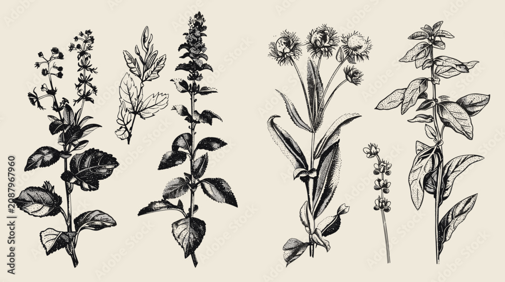Fototapeta premium Vintage Botanical Ink Illustrations Of Wild Herb Specimens On Aged Beige Paper With Fine Linework