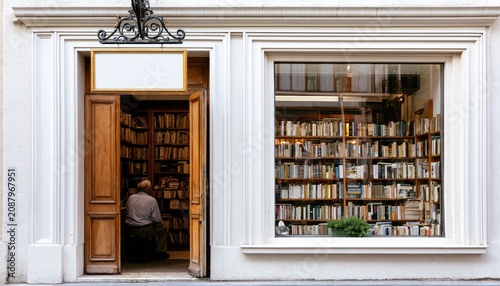 Cozy bookstore storefront with a solitary reader and shelves packed with books