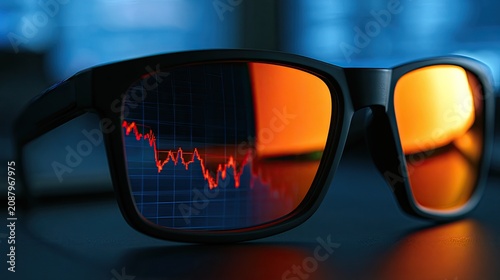 Trendy eyeglasses reflect a red downward trending stock market graph