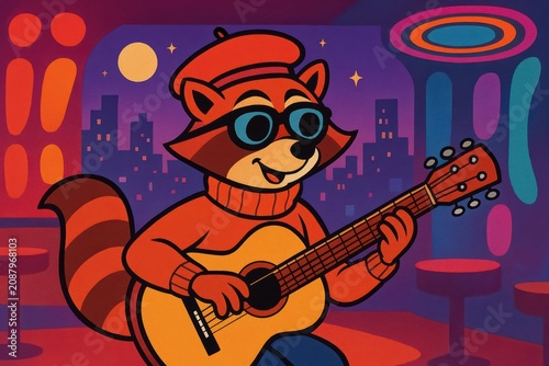 Artistic Raccoon In Beret Playing Guitar In Colorful Nightclub
